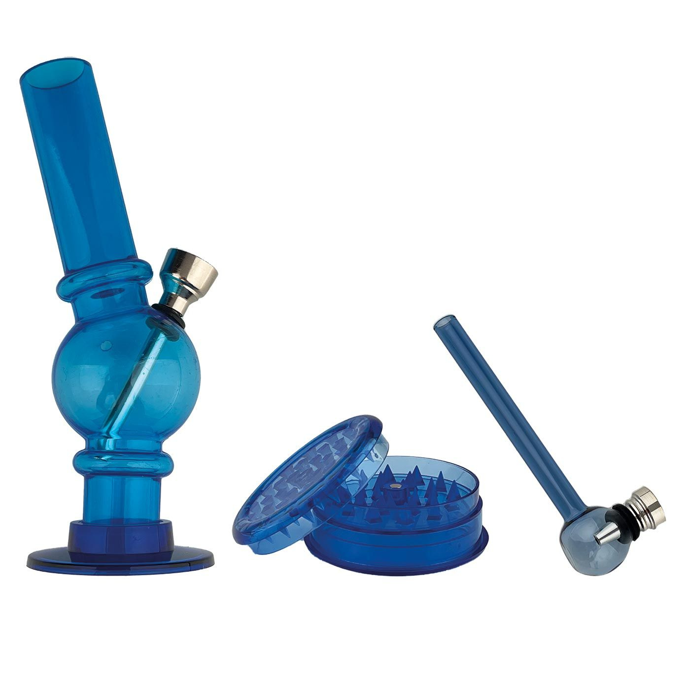 Super Heroes Blue Set: Bong acrylique. Broyeur. Tuyau de verre