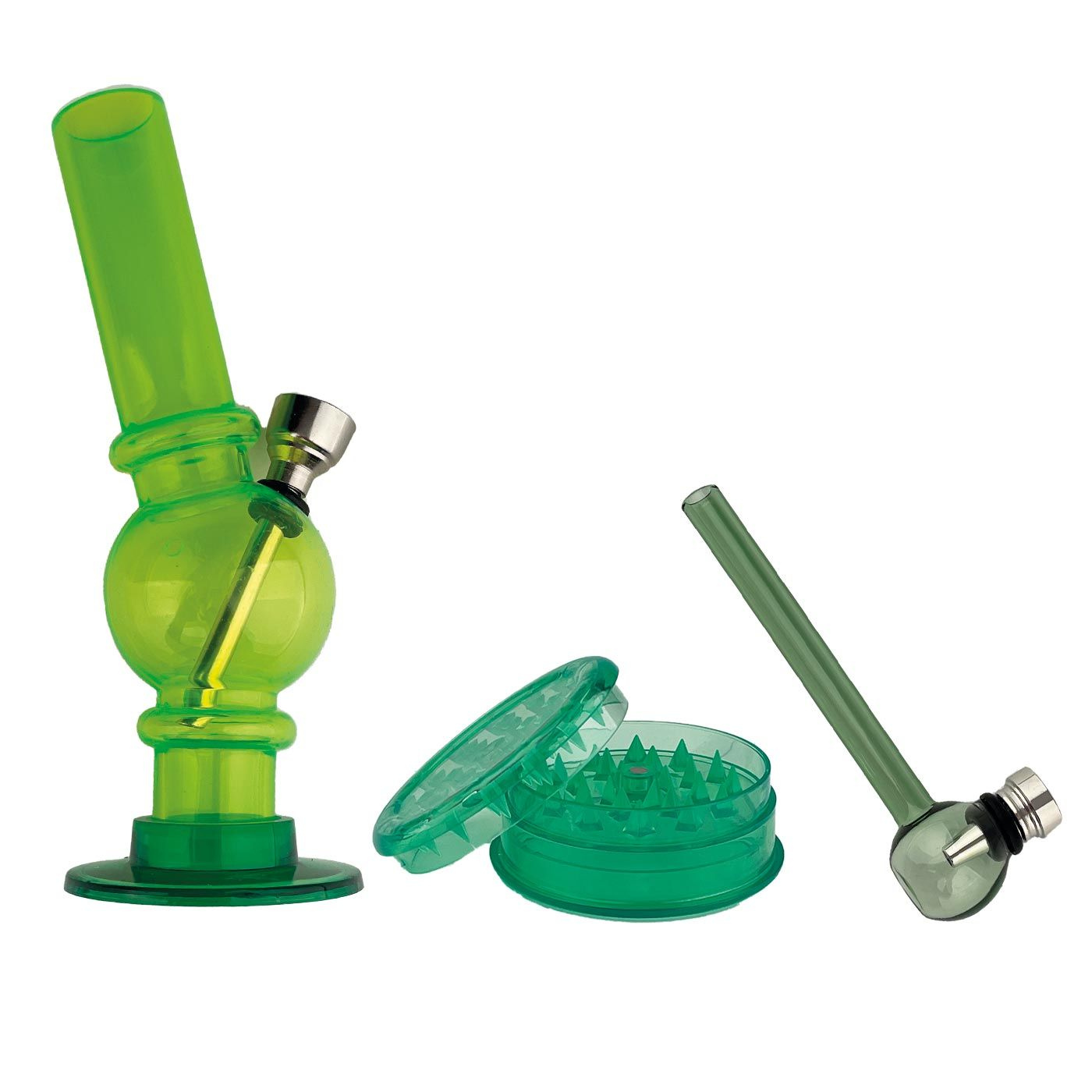 Super Heroes Groene Set: Acryl Bong. Grinder. Glazen Pijp