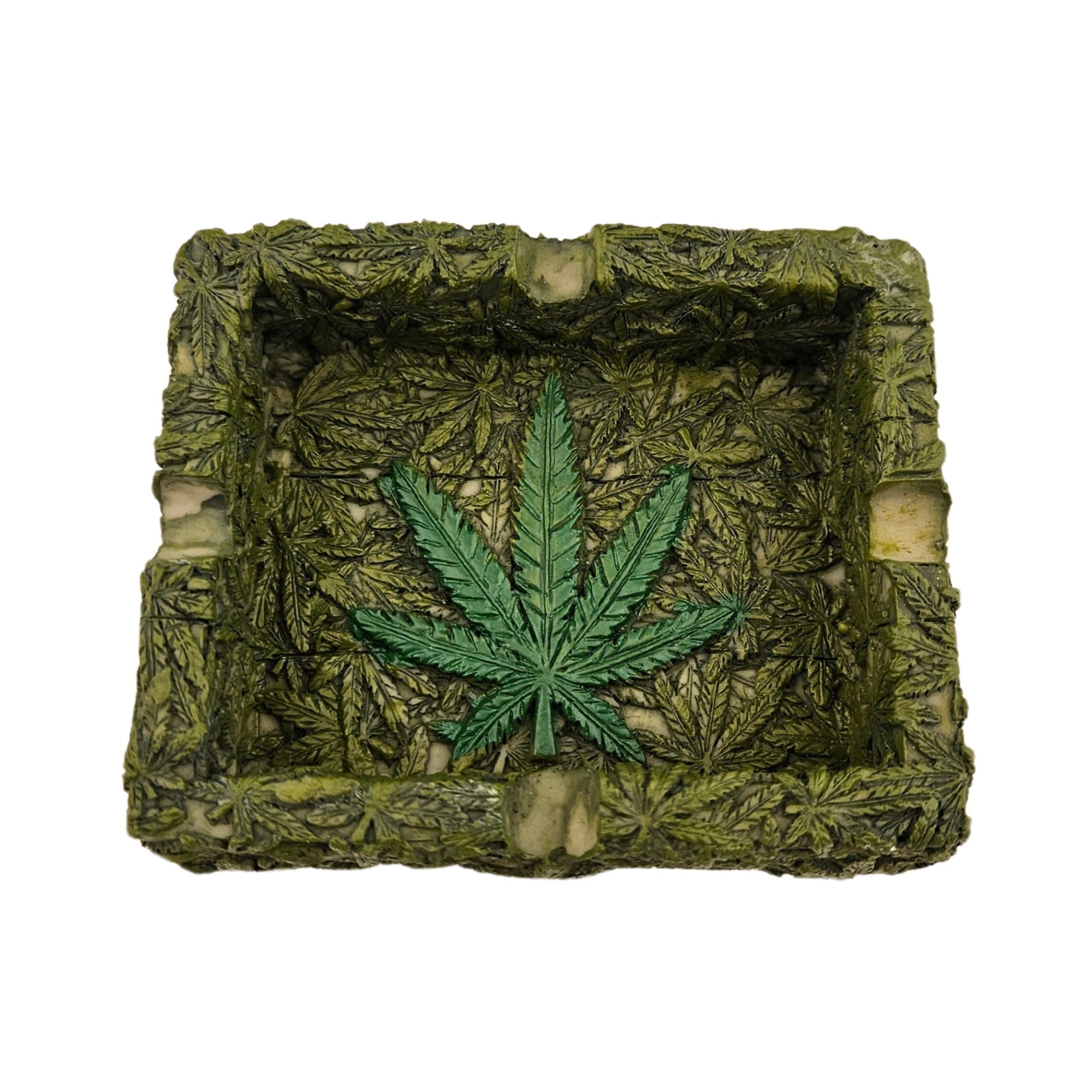 Square green ashtray with weed leaf design
