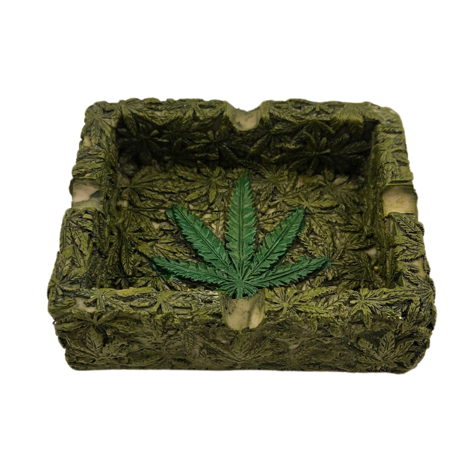Square green ashtray with weed leaf design