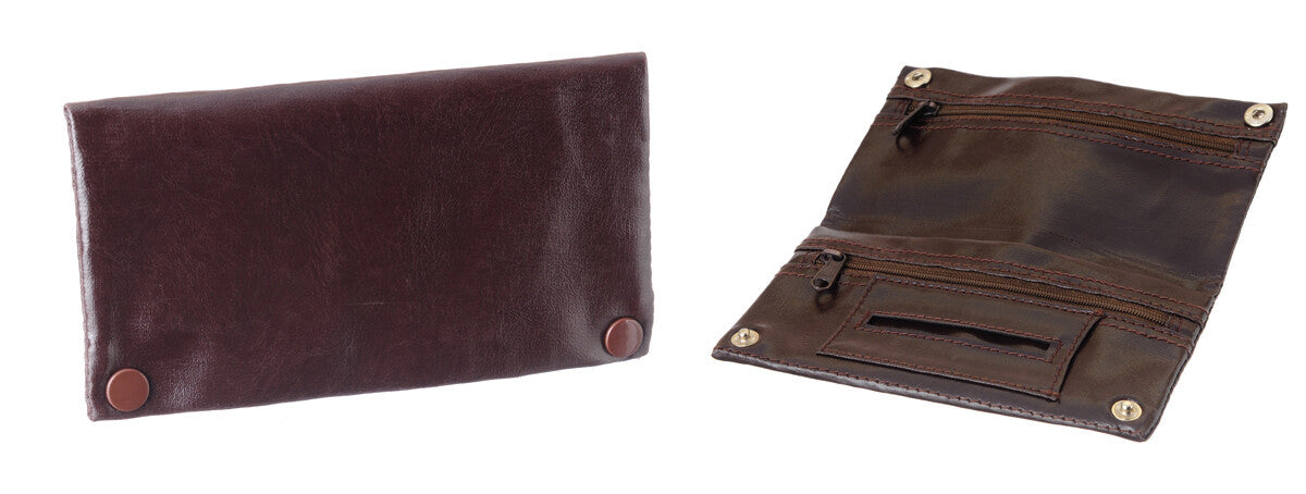 Leather Look Tobacco Pouch 2 Zippers Dark Brown